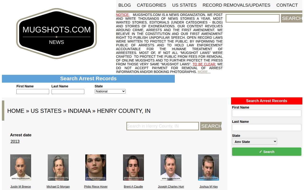 Henry County historical unofficial mugshot archive record page
